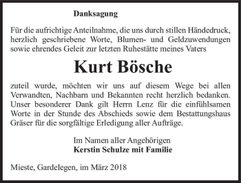Traueranzeige von Kurt Bösche  von Magdeburger Volksstimme