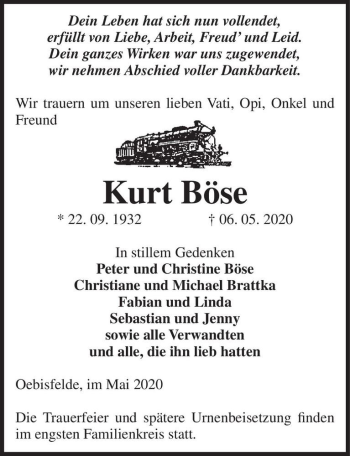 Traueranzeige von Kurt Böse  von Magdeburger Volksstimme