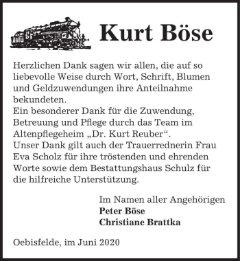 Traueranzeige von Kurt Böse  von Magdeburger Volksstimme
