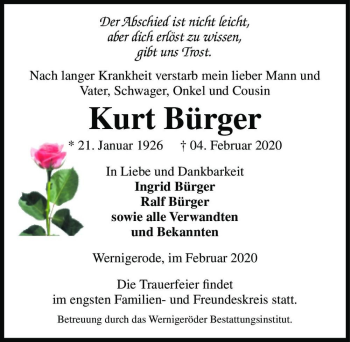 Traueranzeige von Kurt Bürger  von Magdeburger Volksstimme