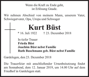 Traueranzeige von Kurt Büst  von Magdeburger Volksstimme