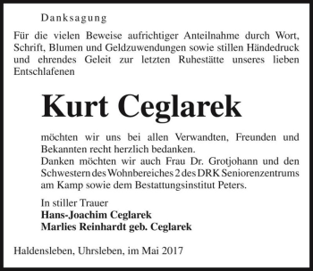Traueranzeige von Kurt Ceglarek  von Magdeburger Volksstimme