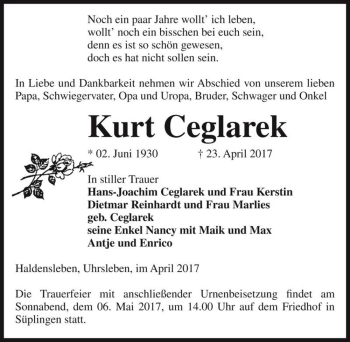 Traueranzeige von Kurt Ceglarek  von Magdeburger Volksstimme