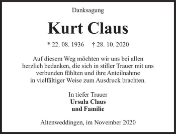 Traueranzeige von Kurt Claus  von Magdeburger Volksstimme