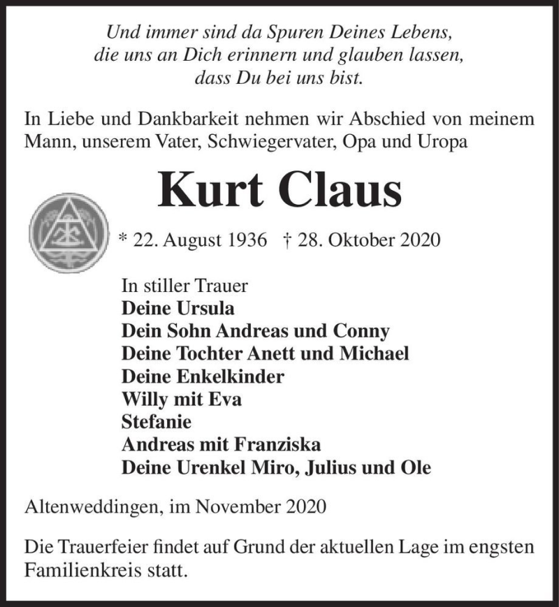  Traueranzeige für Kurt Claus  vom 07.11.2020 aus Magdeburger Volksstimme