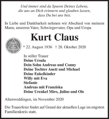 Traueranzeige von Kurt Claus  von Magdeburger Volksstimme