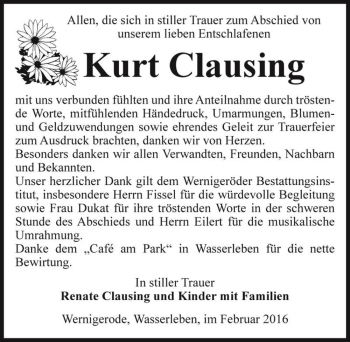 Traueranzeige von Kurt Clausing  von Magdeburger Volksstimme