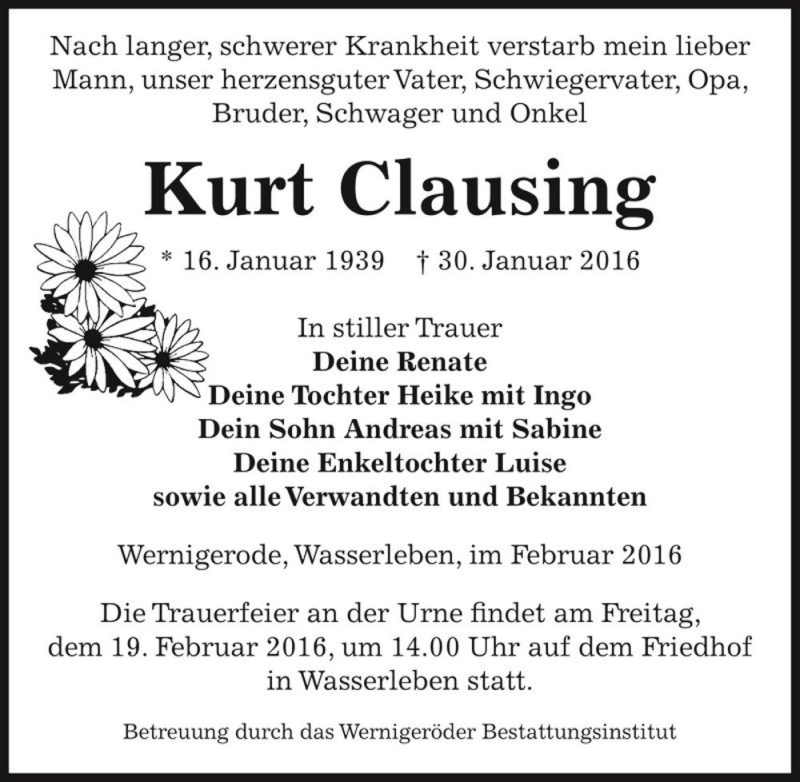  Traueranzeige für Kurt Clausing  vom 04.02.2016 aus Magdeburger Volksstimme