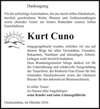 Traueranzeige von Kurt Cuno  von Magdeburger Volksstimme