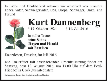 Traueranzeige von Kurt Dannenberg  von Magdeburger Volksstimme