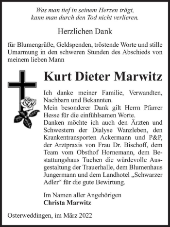 Traueranzeige von Kurt Dieter Marwitz  von Magdeburger Volksstimme