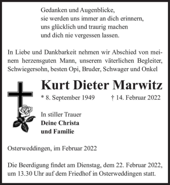 Traueranzeige von Kurt Dieter Marwitz  von Magdeburger Volksstimme
