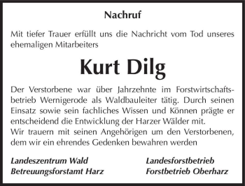 Traueranzeige von Kurt Dilg  von Magdeburger Volksstimme