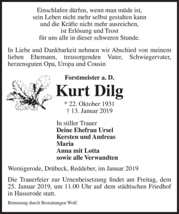 Traueranzeige von Kurt Dilg  von Magdeburger Volksstimme