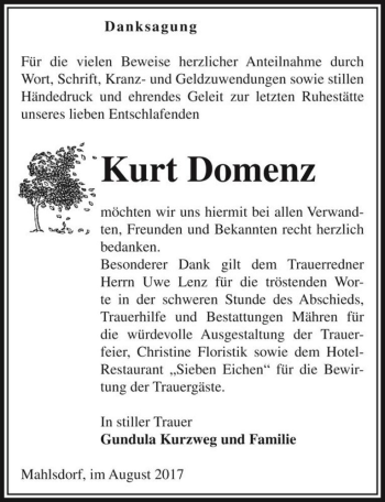 Traueranzeige von Kurt Domenz  von Magdeburger Volksstimme