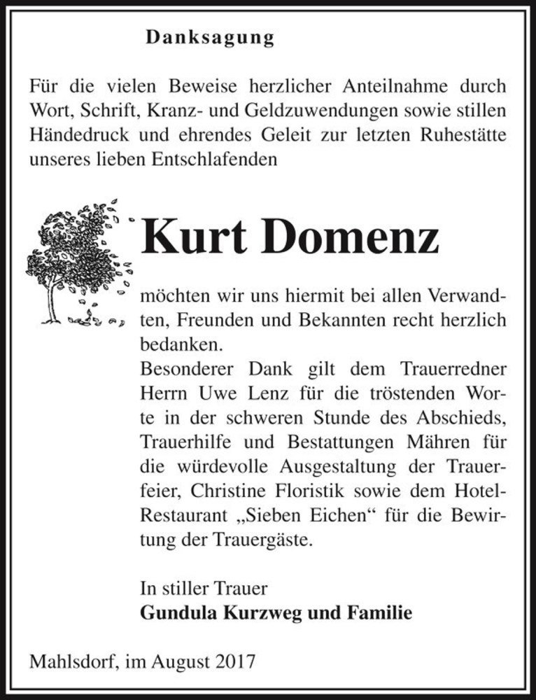  Traueranzeige für Kurt Domenz  vom 26.08.2017 aus Magdeburger Volksstimme