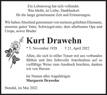 Traueranzeige von Kurt Drawehn  von Magdeburger Volksstimme
