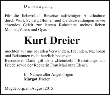 Traueranzeige von Kurt Dreier  von Magdeburger Volksstimme
