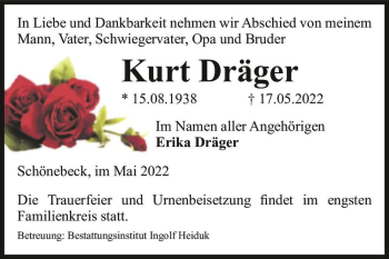 Traueranzeige von Kurt Dräger  von Magdeburger Volksstimme