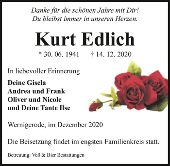 Traueranzeige von Kurt Edlich  von Magdeburger Volksstimme