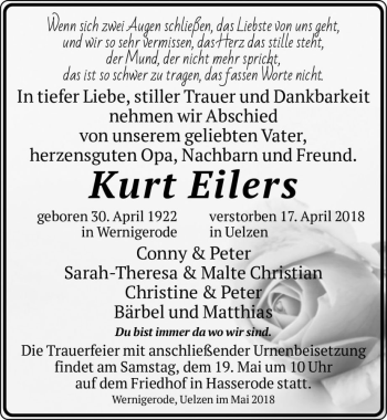 Traueranzeige von Kurt Eilers  von Magdeburger Volksstimme