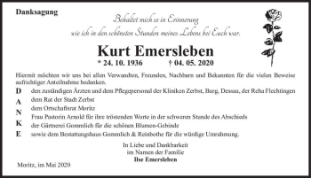 Traueranzeige von Kurt Emersleben  von Magdeburger Volksstimme