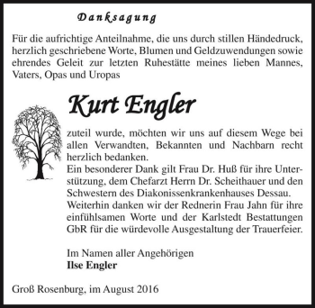 Traueranzeige von Kurt Engler  von Magdeburger Volksstimme