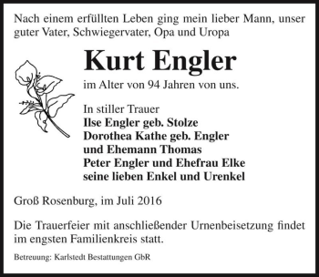 Traueranzeige von Kurt Engler  von Magdeburger Volksstimme