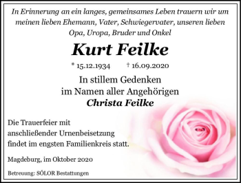 Traueranzeige von Kurt Feilke  von Magdeburger Volksstimme