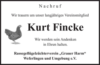 Traueranzeige von Kurt Fincke  von Magdeburger Volksstimme