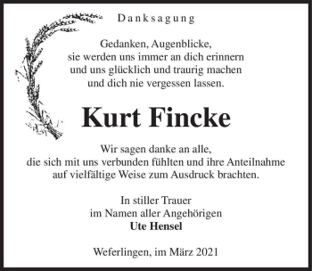 Traueranzeige von Kurt Fincke  von Magdeburger Volksstimme