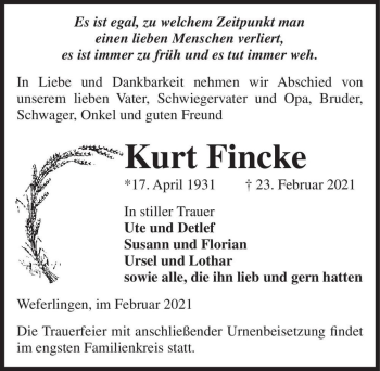 Traueranzeige von Kurt Fincke  von Magdeburger Volksstimme