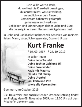 Traueranzeige von Kurt Franke  von Magdeburger Volksstimme