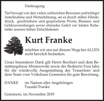 Traueranzeige von Kurt Franke  von Magdeburger Volksstimme