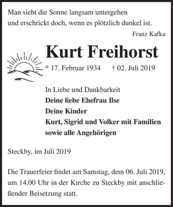 Traueranzeige von Kurt Freihorst  von Magdeburger Volksstimme