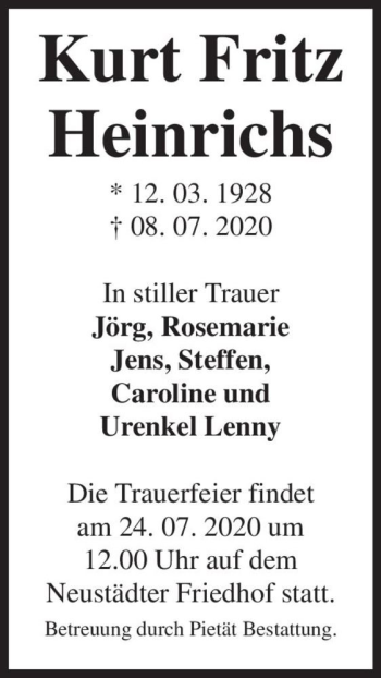Traueranzeige von Kurt Fritz Heinrichs  von Magdeburger Volksstimme