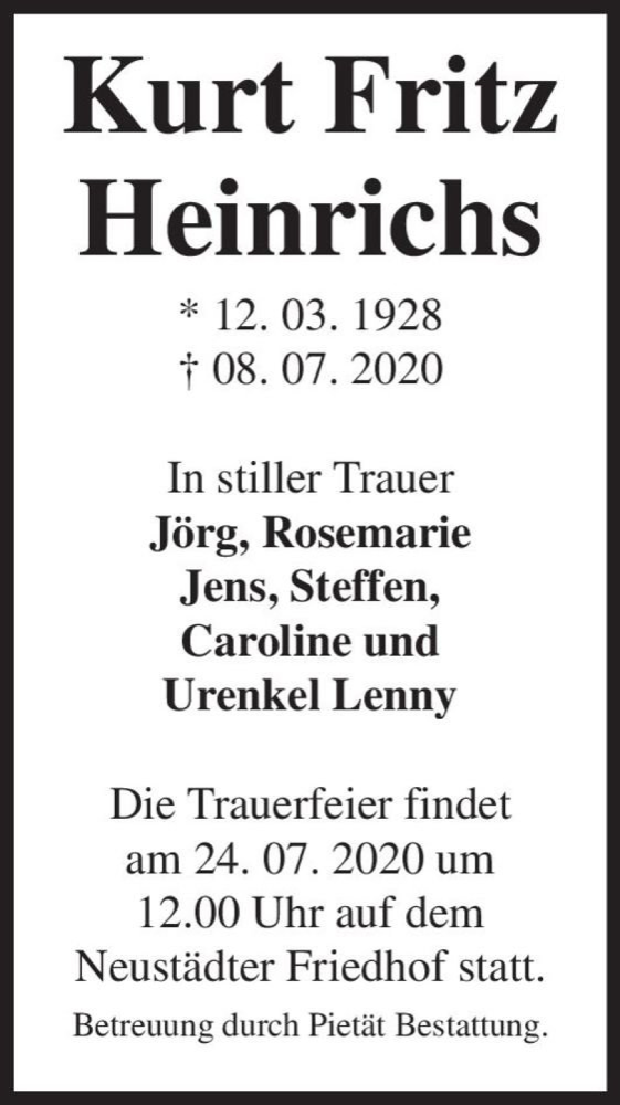  Traueranzeige für Kurt Fritz Heinrichs  vom 18.07.2020 aus Magdeburger Volksstimme