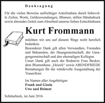 Traueranzeige von Kurt Frommann  von Magdeburger Volksstimme