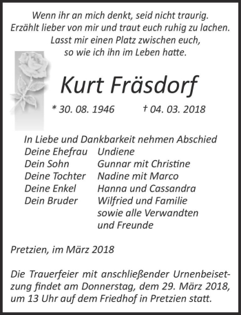 Traueranzeige von Kurt Fräsdorf  von Magdeburger Volksstimme