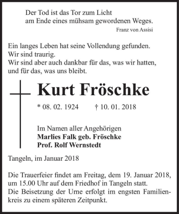 Traueranzeige von Kurt Fröschke  von Magdeburger Volksstimme