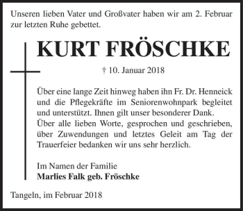 Traueranzeige von Kurt Fröschke  von Magdeburger Volksstimme