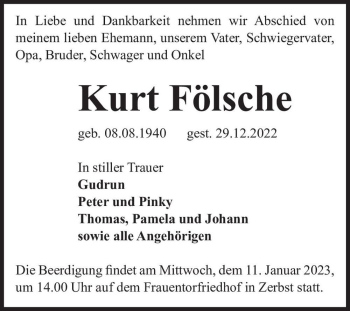 Traueranzeige von Kurt Fölsche  von Magdeburger Volksstimme