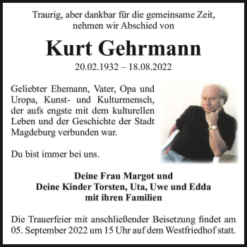 Traueranzeige von Kurt Gehrmann  von Magdeburger Volksstimme