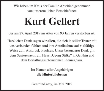 Traueranzeige von Kurt Gellert  von Magdeburger Volksstimme