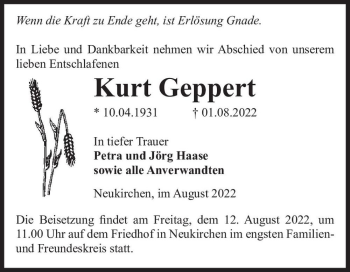 Traueranzeige von Kurt Geppert  von Magdeburger Volksstimme