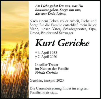 Traueranzeige von Kurt Gericke  von Magdeburger Volksstimme