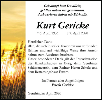 Traueranzeige von Kurt Gericke  von Magdeburger Volksstimme