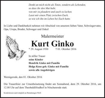 Traueranzeige von Kurt Ginko  von Magdeburger Volksstimme
