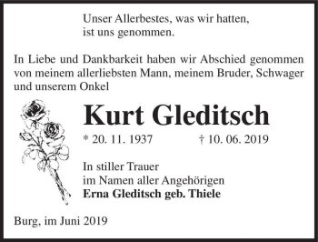 Traueranzeige von Kurt Gleditsch  von Magdeburger Volksstimme