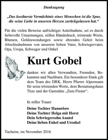 Traueranzeige von Kurt Gobel  von Magdeburger Volksstimme